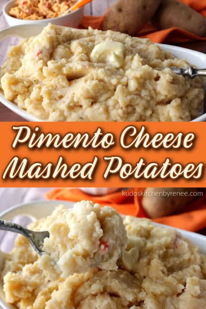 A stacked photo collage of Pimento Cheese Mashed Potatoes with a title text overlay graphic in the center.