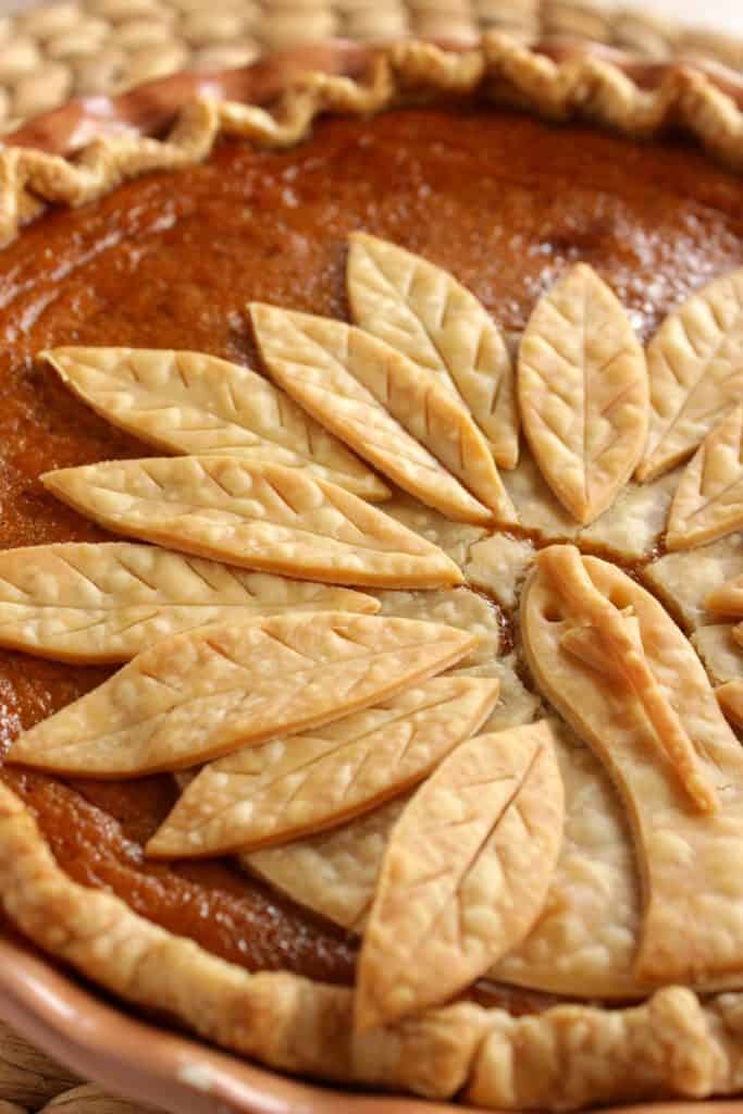 Vertical photo closeup of a pumpkin pie with a turkey crust.