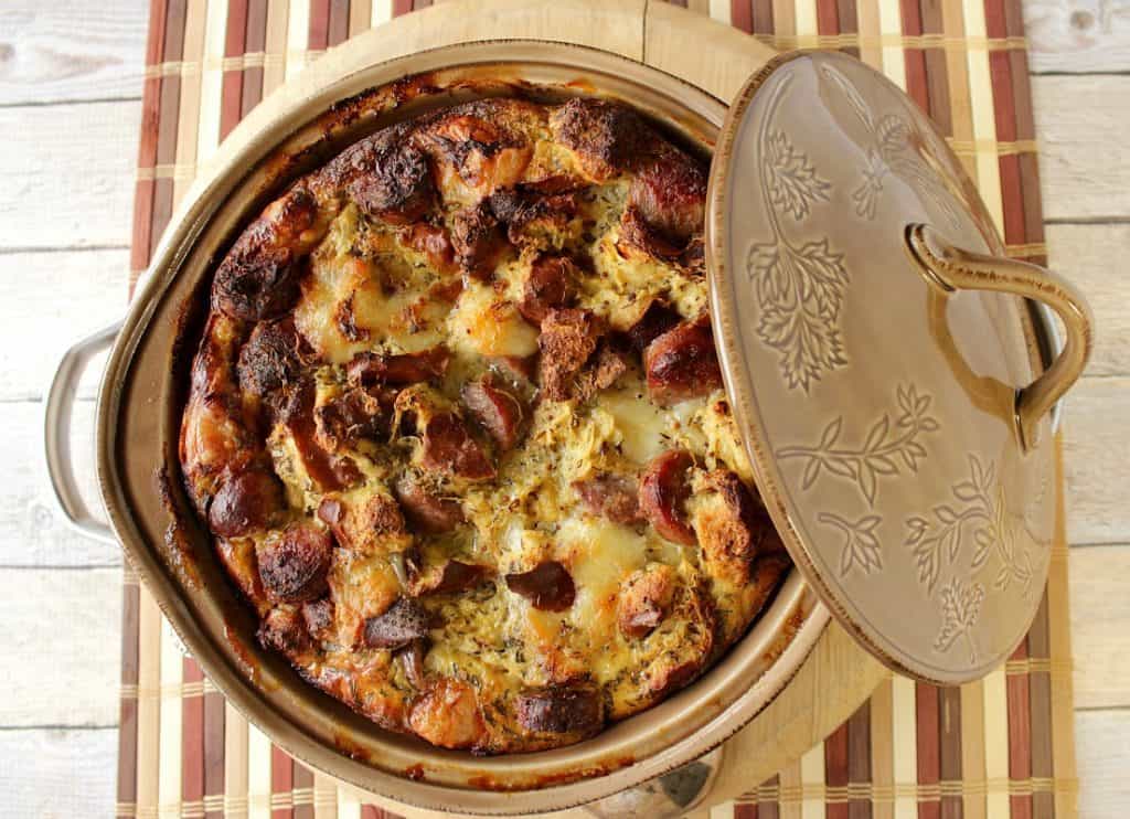 Pretzel Roll Strata with Brats and Sauerkraut