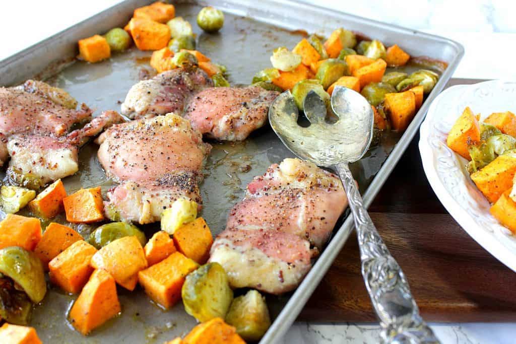 When dinner is this delicious, and the cleanup can be done in a blink of an eye, there's no reason not to make this Easy Maple Mustard Chicken Thigh Sheet Pan Supper, tonight! - Kudos Kitchen by Renee - kudoskitchenbyrenee.com Maple Mustard Sheet Pan Supper