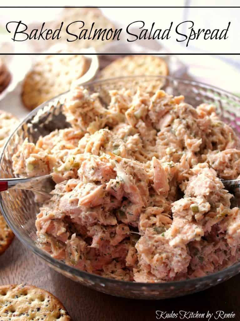 Vertical title text image of salmon salad spread in a glass bowl with a butter knife and crackers.