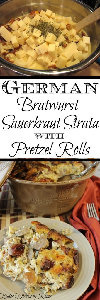 Hearty, meaty chunks of German bratwurst are simmered in beer and caraway before being combined with pieces of soft, flavorful pretzel rolls. Next, they're mixed with tangy sauerkraut, stone ground mustard, and lots and lots of Swiss cheese before being smothered in an egg, milk and mustard mixture and then baked to a delicious golden brown. - Kudos Kitchen by Renee - www.kudoskitchenbyrenee.com Savory German Bratwurst Strata