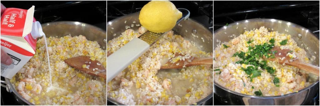 Finishing touches to sweet corn risotto with shrimp.