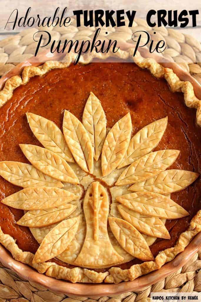 Vertical title text image of a closeup of a turkey crust pumpkin pie.