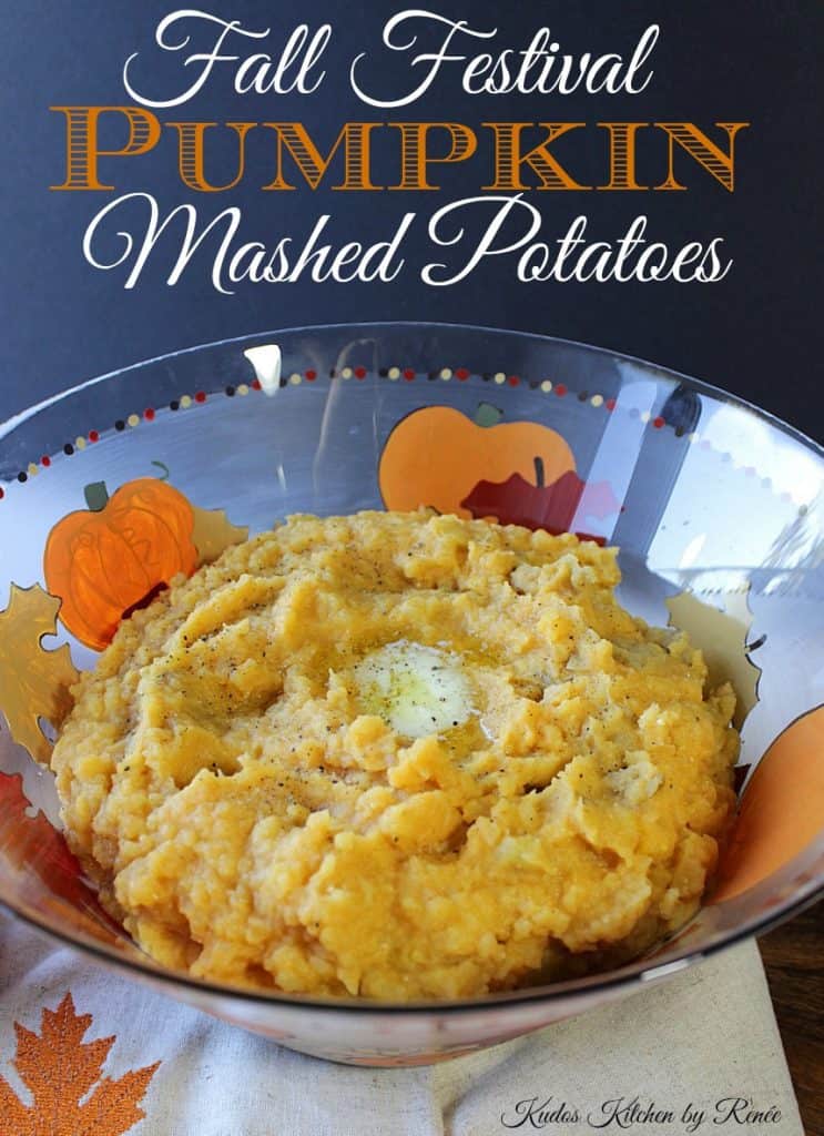 Vertical title text image of pumpkin mashed potatoes in a pumpkin bowl. Popular Thanksgiving side dish Recipe Roundup