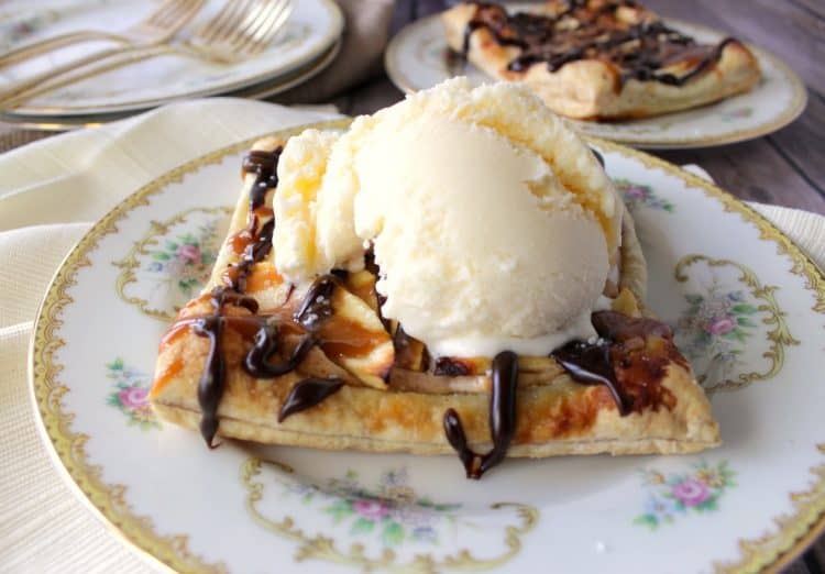 rustic apple puff pastry squares with a chocolate caramel drizzle