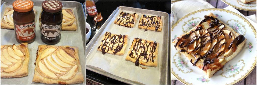 Making apple puff pastry squares.