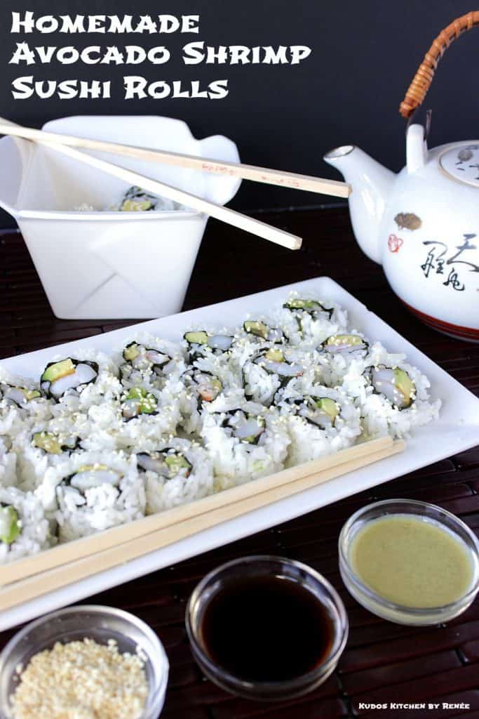 Avocado Shrimp Sushi Rolls with title, sauces and chopsticks.