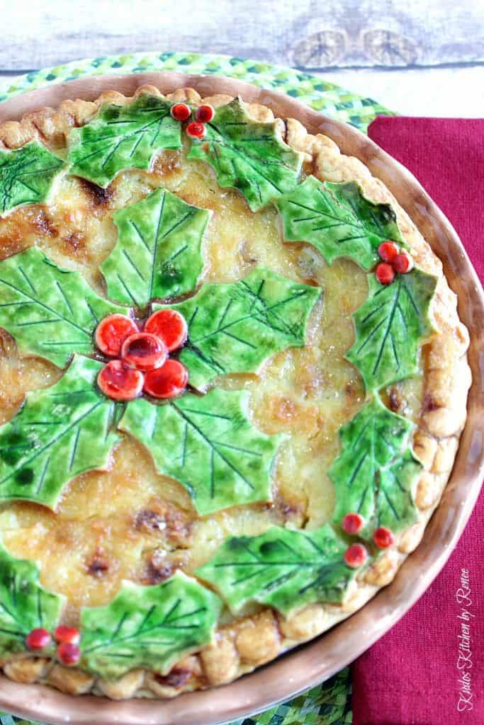 Coconut Banana Custard Pie with a Holly Berry Painted Crust