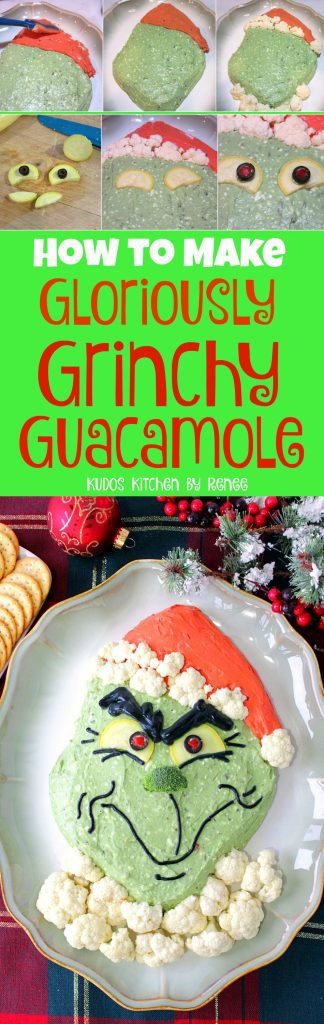  Long vertical title text image of a Grinch guacamole on a platter with zucchini eyes.