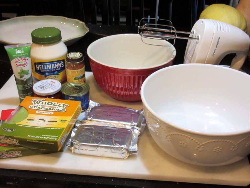 The ingredients for making Grinch guacamole appetizer.