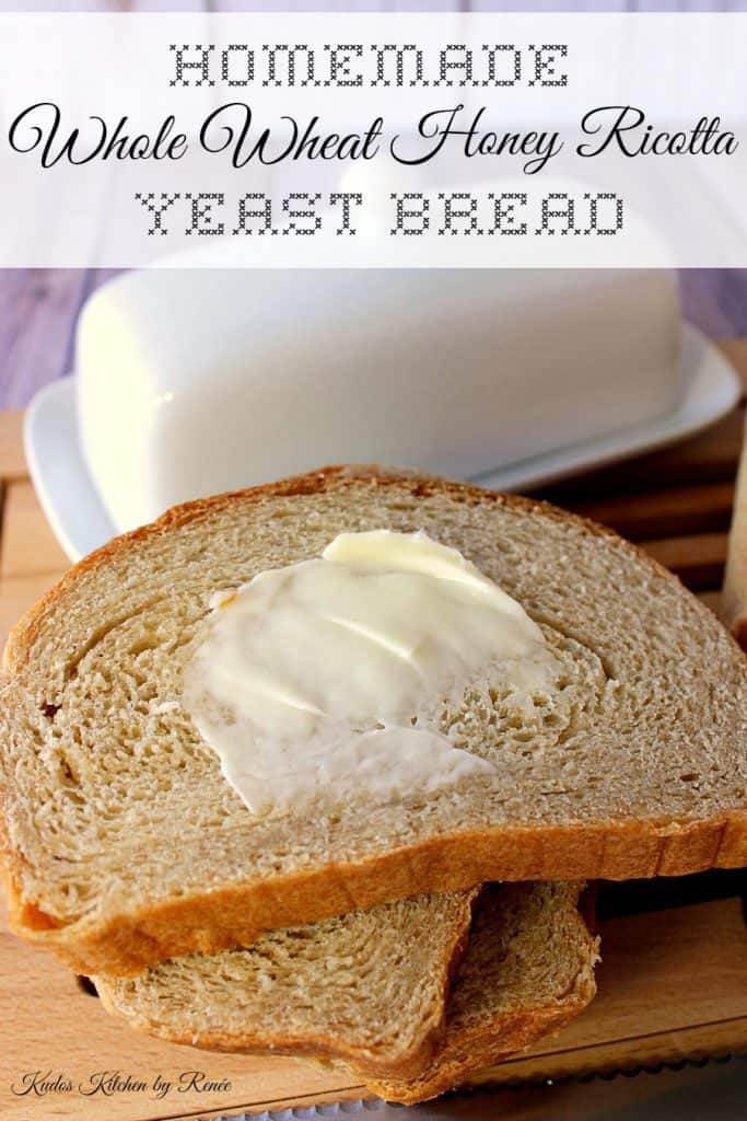A vertical closeup photo of a slice of Whole Wheat Honey Ricotta Bread with some butter and a butter dish in the background along with a title text overlay graphic.