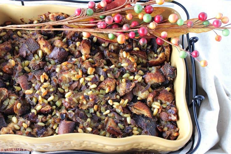 incredibly delicious pretzel roll stuffing with pine nuts