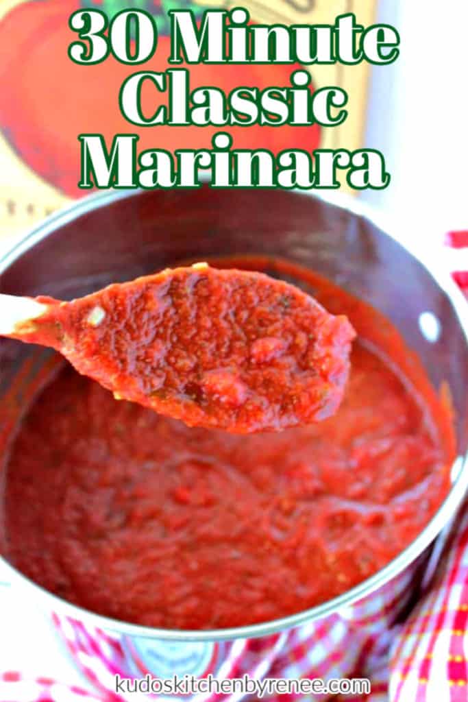 Closeup image of a wooden spoon with classic marinara sauce and title text graphic overlay