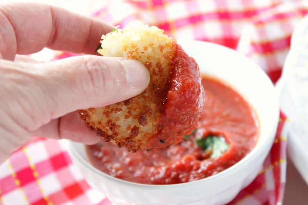 Pan Fried Mozzarella Cheese Stuffed Rice Balls with Marinara