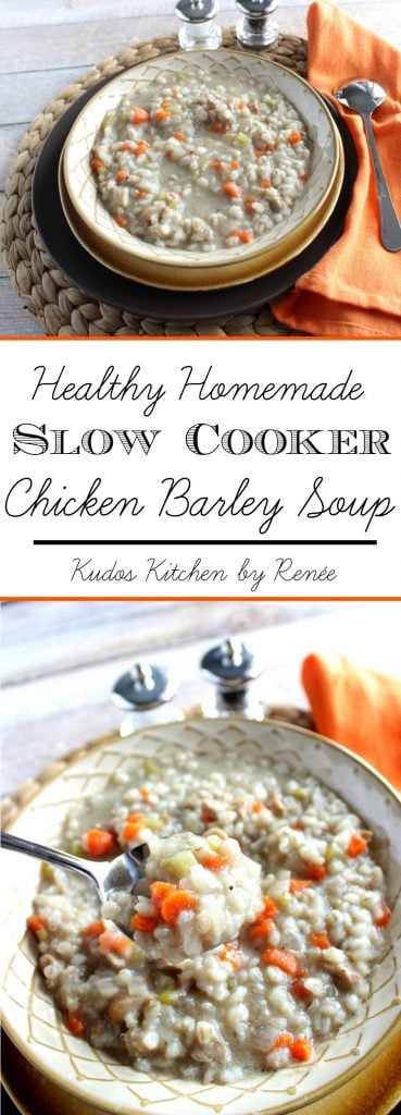 Chicken Barley Soup is a light and delicious comfort food which is extremely easy to make in the slow cooker while you go about your day. - kudoskitchenbyrenee.com Healthy Homemade Chicken Barley Soup for the slow cooker long title collage images- kudoskitchenbyrenee.com