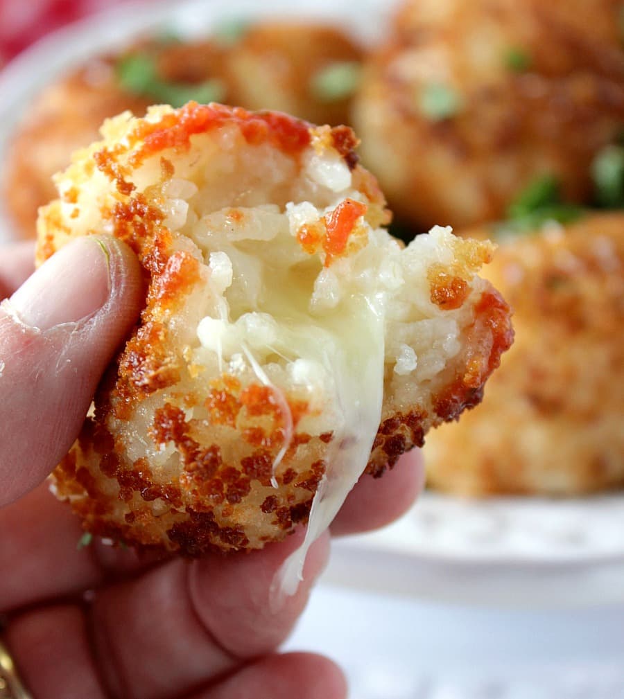 Pan Fried Mozzarella Cheese Stuffed Rice Balls with Marinara