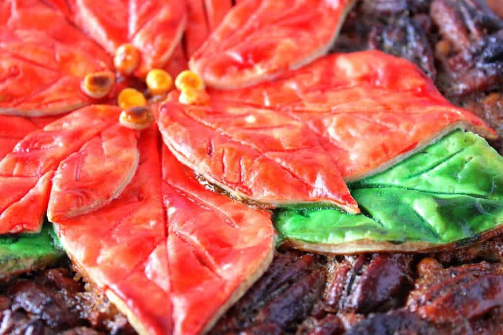 Horizontal closeup photo of a painted poinsettia pie crust with red and green petals.