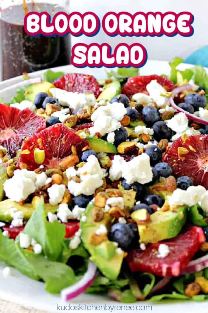 A vertical closeup image of a Blood Orange Salad with Blueberries and Feta in a white bowl with avocado, pistachio, and red onion slices.