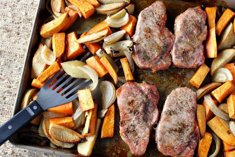 one pan ponzu pork chop dinner w/sweet potatoes, apples & onions