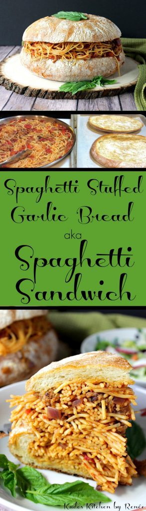 Photo collage with title text for Spaghetti Stuffed Garlic Bread aka Spaghetti Sandwich