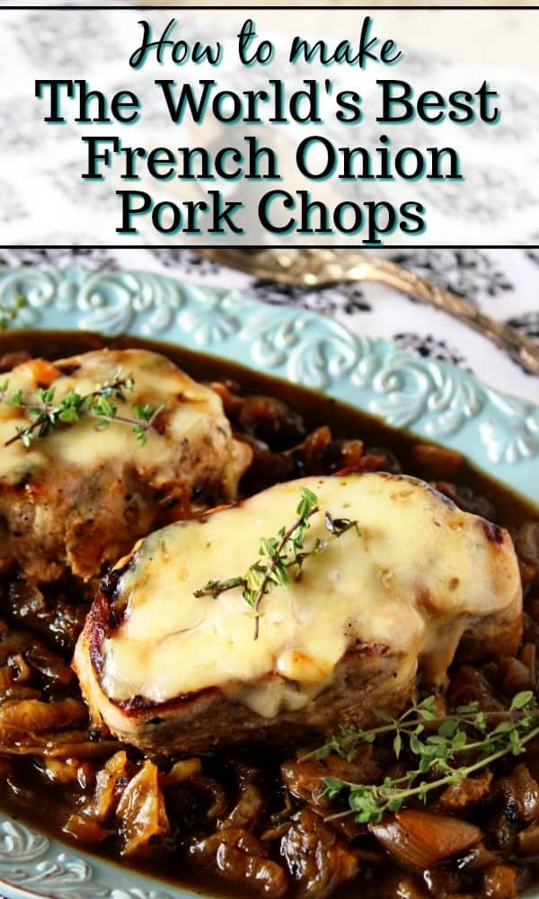 Title text vertical closeup image of French Onion Pork Chops
