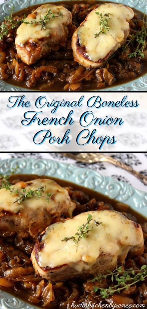 Title text vertical photo collage of juicy brown French onion pork chops with melted cheese and thyme sprigs.