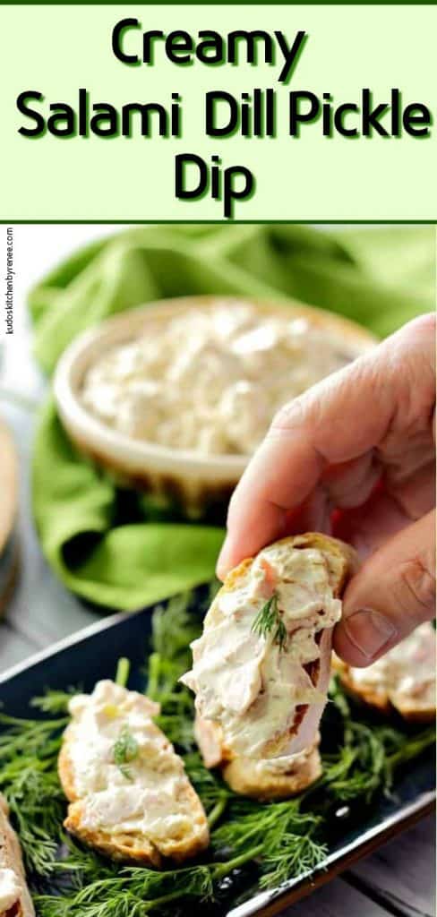 Vertical closeup image of a hand holding a piece of bread spread with Salami Dill Pickle Dip.