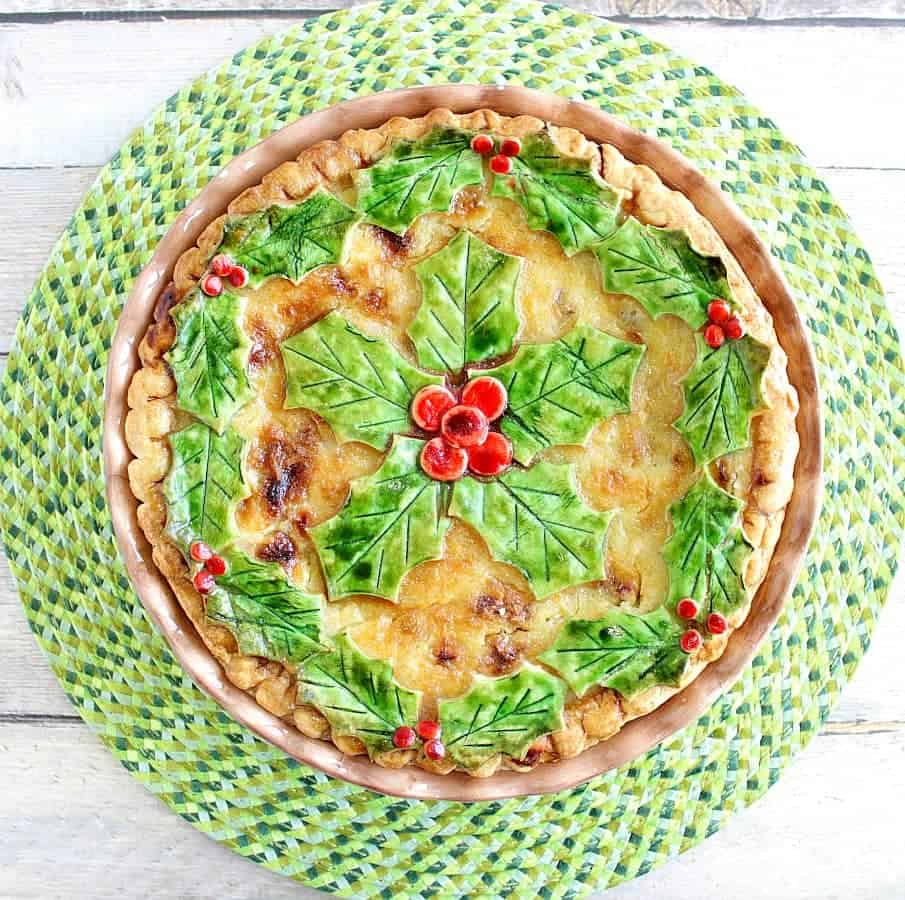 Overhead picture of holly berry custard pie