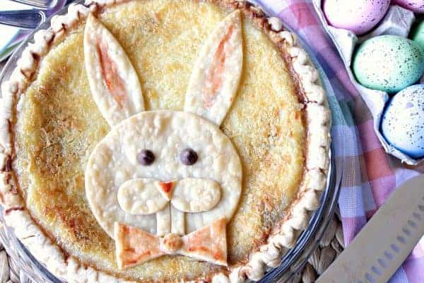 Overhead picture of a pie with a decorative Easter bunny crust.