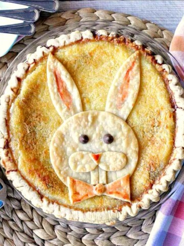 An Easter Bunny Pie made with a pie crust decoration on top.