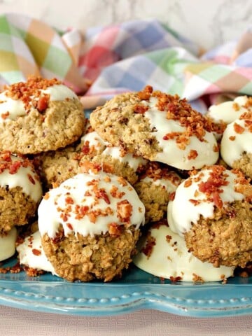 Gluten Free Maple Bacon Cookies Dipped in White Chocolate