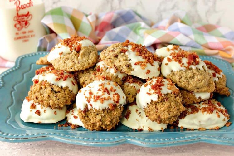 best ever gluten free maple bacon oatmeal cookies dipped in white chocolate