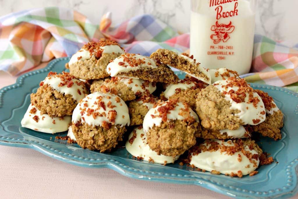 White Chocolate Dipped Maple Bacon Oatmeal Cookies