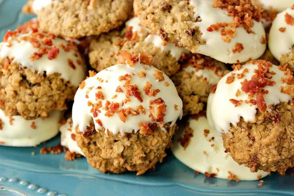 White Chocolate Dipped Gluten Free Maple Bacon Oatmeal Cookies