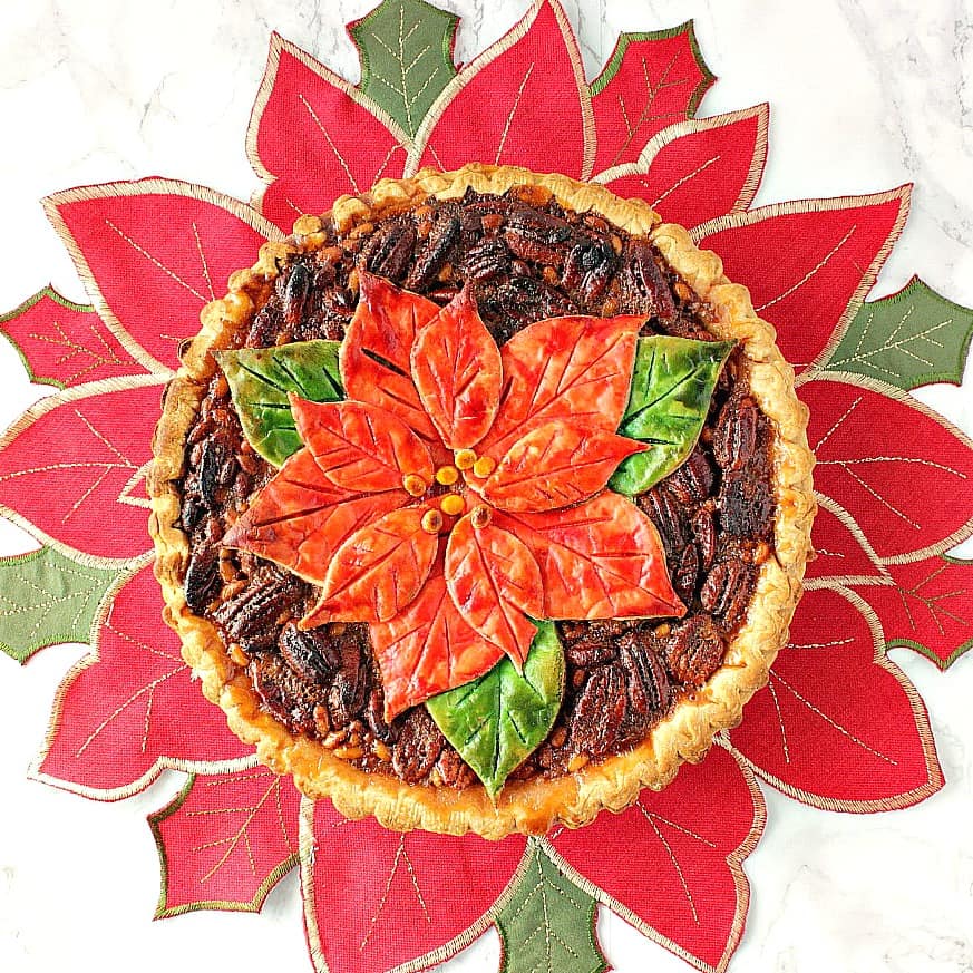 Overhead picture of poinsettia pecan pie