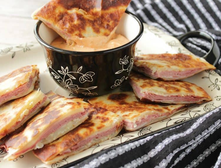 corned beef & swiss cheese reuben quesadillas with creamy 1000 islands dipping sauce