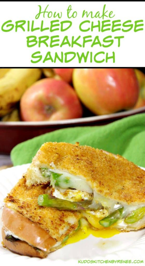 Vertical title text image of a sliced grilled cheese breakfast sandwich with provolone cheese and asparagus.