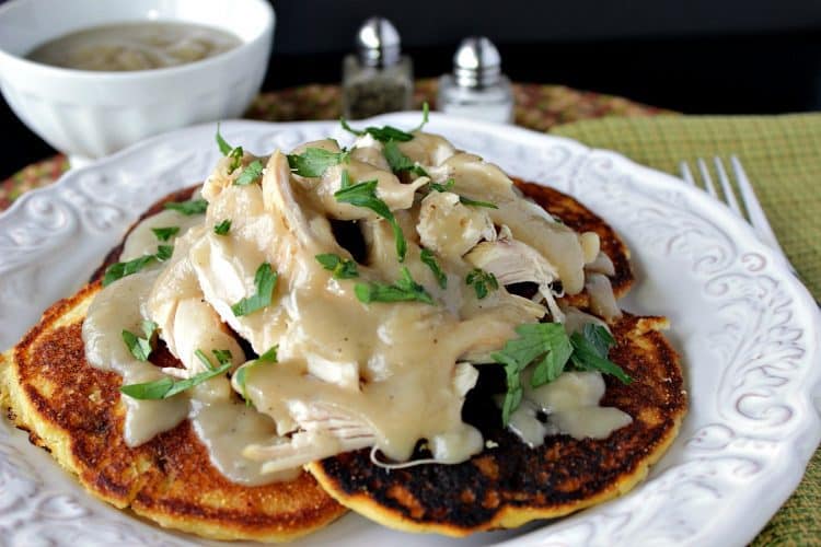 chicken & chile corn cakes with buttery maple gravy