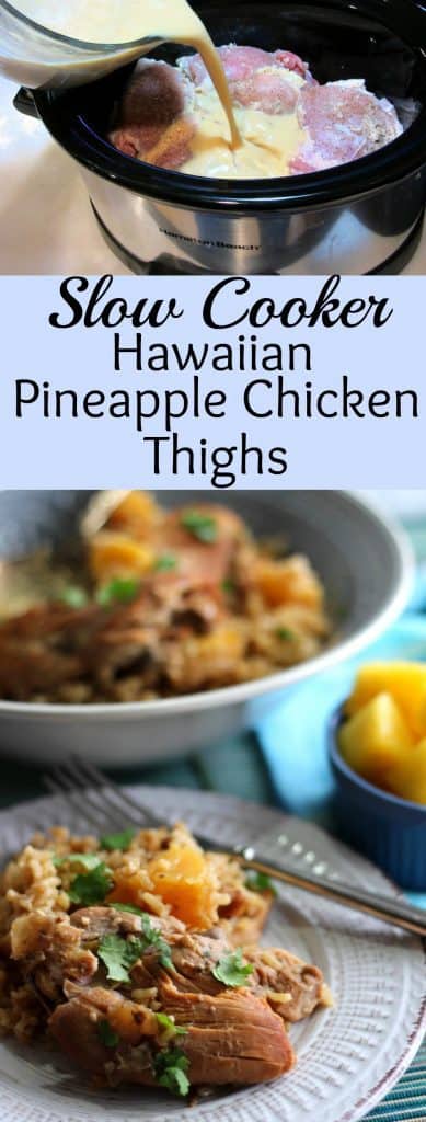 Slow Cooker Hawaiian Pineapple Chicken Thighs over Brown Rice