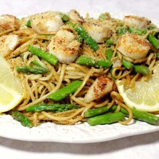 Sweet Caramelized Scallops with Linguine, Asparagus and Buttered Breadcrumbs