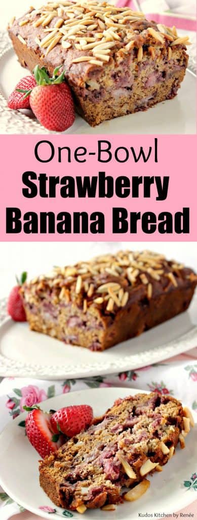 A vertical title text photo collage of strawberry banana quick bread with almonds as garnish on top.