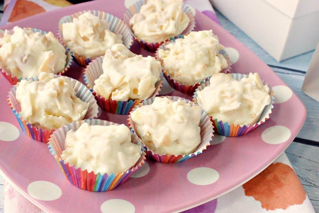 A pink and white polka dot plate with white candy with coconut and macadamia nut candy on it.