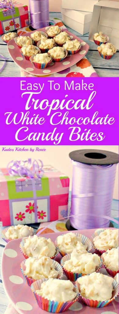 Vertical photo collage of tropical white chocolate candy bites with title text graphic overlay