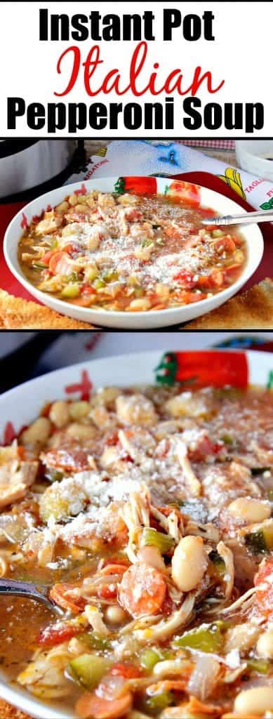 A photo collage of Instant Pot Italian Pepperoni Soup Recipe with a title text graphic