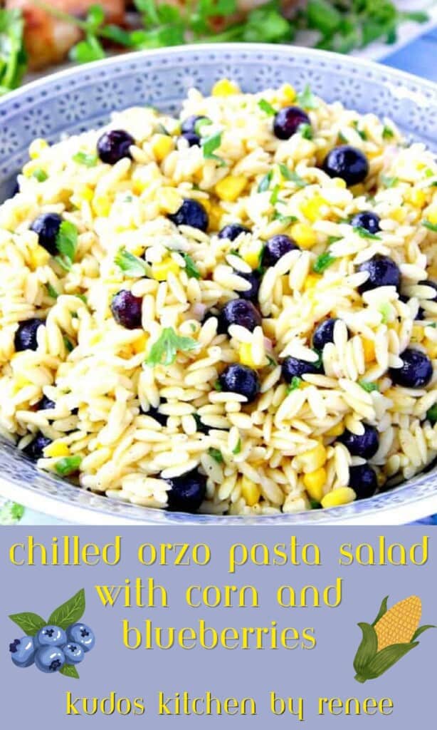 Chilled Orzo Pasta Salad with Blueberries and Corn along with a title text graphic for pinterest.