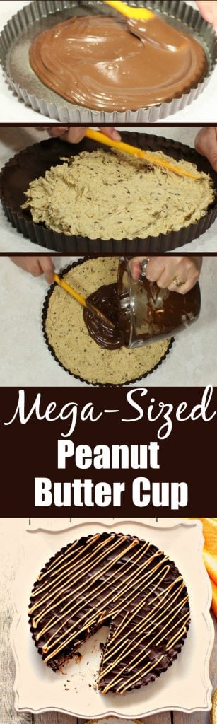 Vertical photo collage of making a giant peanut butter cup with text and title.