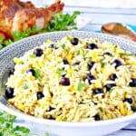 A blue bowl filled with chilled Orzo Pasta Salad with Corn and Blueberries.