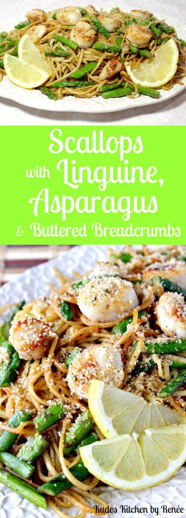 Vertical photo collage of Scallops with Linguine and asparagus with title text graphics in the center.