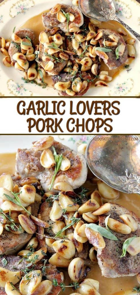 A vertical title text collage of garlic lovers pork chops with golden garlic cloves and fresh herbs on a platter.